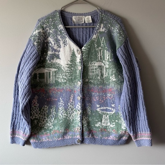 northern treasures Sweaters - VTG Northern Treasures Large Blue Birdbath Cardigan Sweater CottageCore